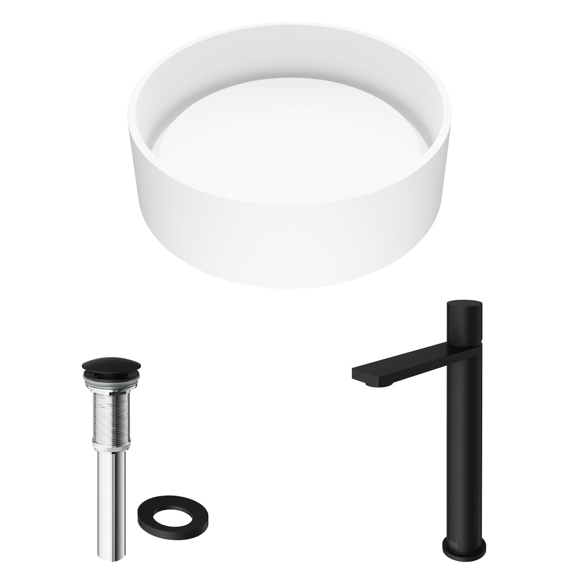 VIGO Anvil MatteStone Round White Composite Bathroom Sink/Basin Set with Gotham Faucet and Pop-Up Drain