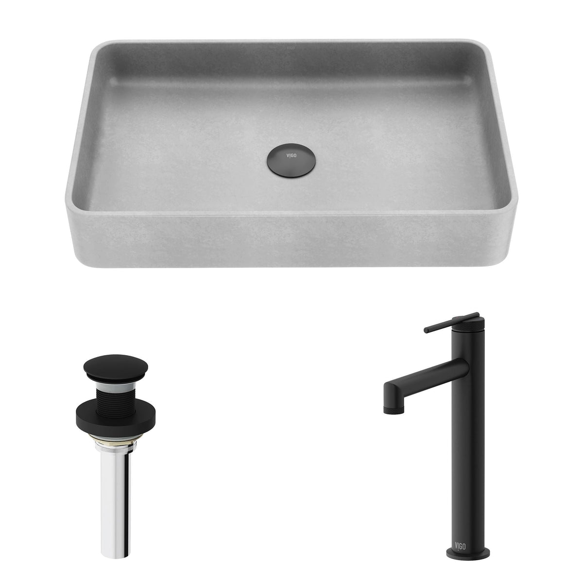 VIGO Basilica Gothic ConcretoStone Grey Bathroom Sink/Basin Set with Sterling Faucet and Rectangular Vessel