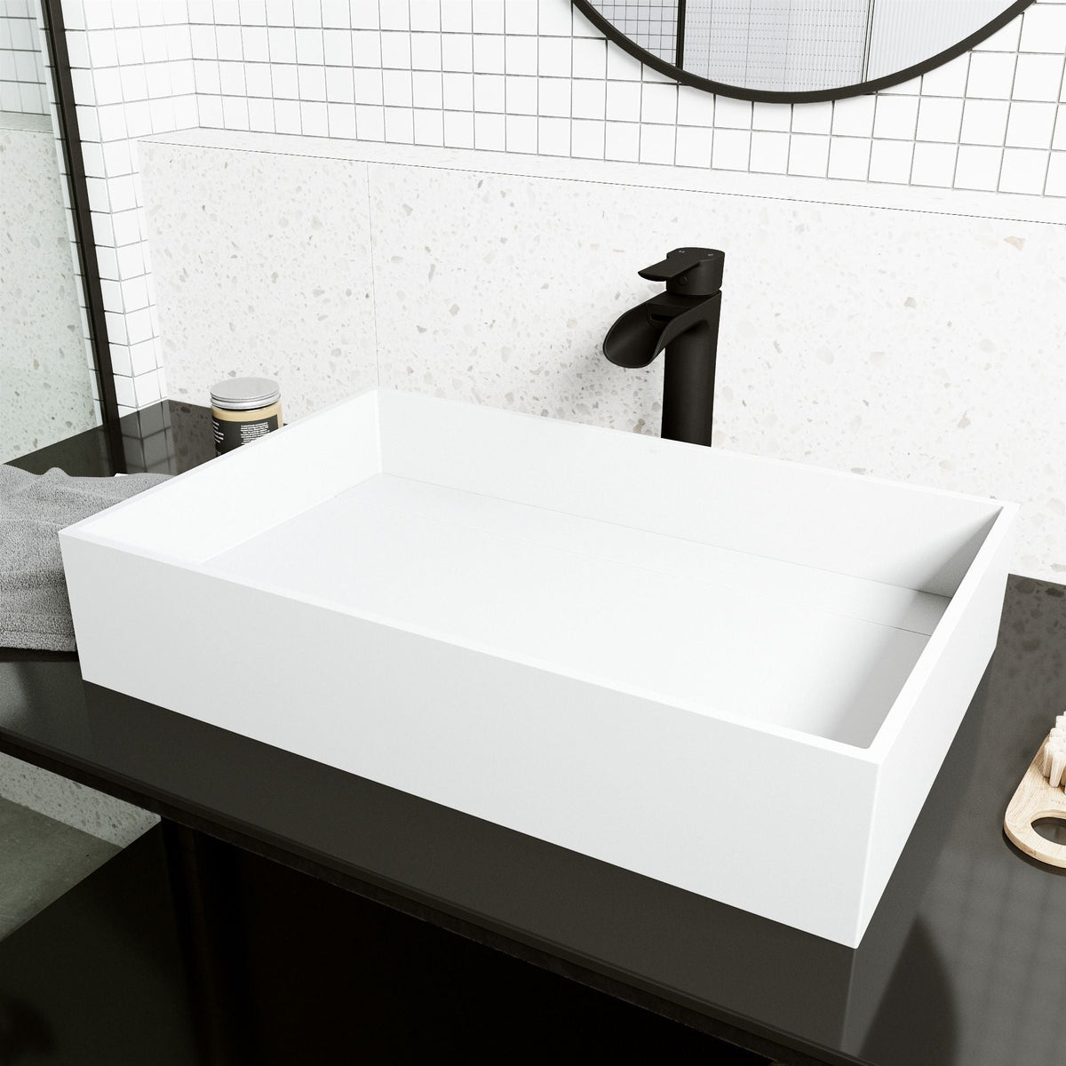 VIGO Montauk MatteStone White Bathroom Sink/Basin Set with Niko Faucet and Rectangular Composite Vessel