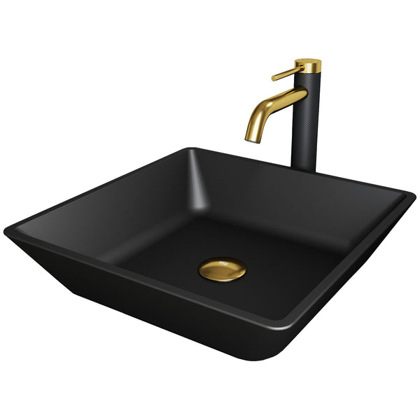 VIGO Roma MatteShell Matte Black Bathroom Sink/Basin Set with Lexington Faucet and Glass Square Vessel W3
