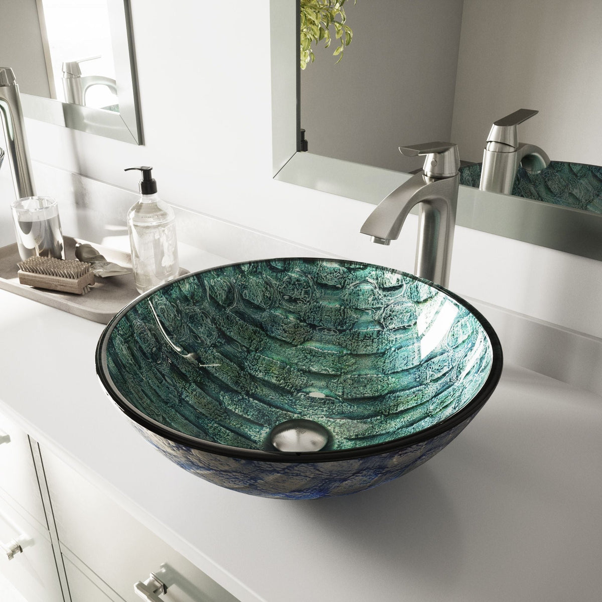 VIGO Round Glass Vessel Bathroom Sink/Basin with Scratch-Resistant Surface, Oceania