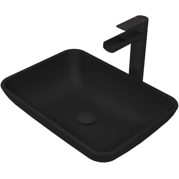 VIGO Sottile MatteShell Blue Bathroom Sink/Basin Set with Amada Faucet and Glass Rectangular Vessel E6